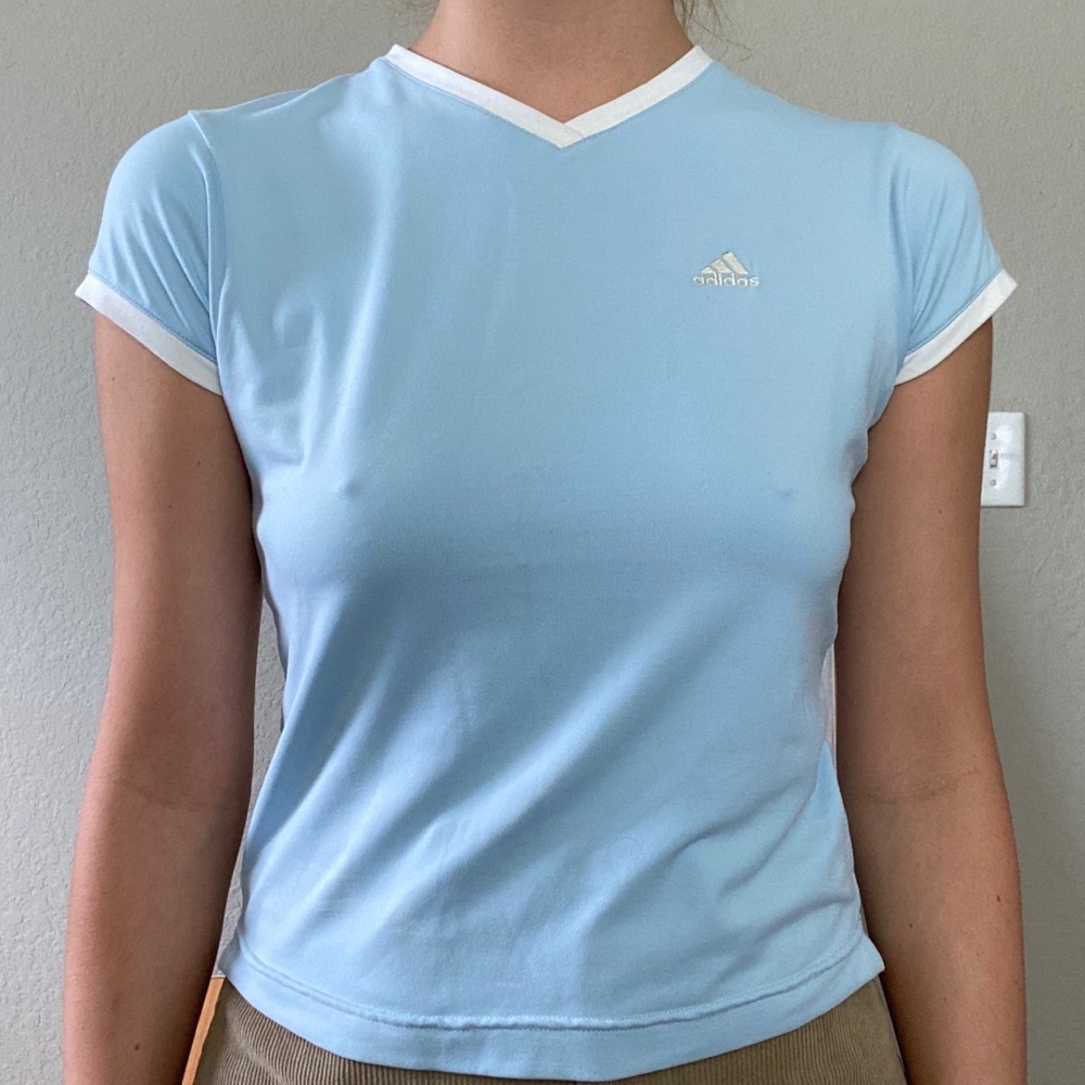 sky blue adidas high vneck tee